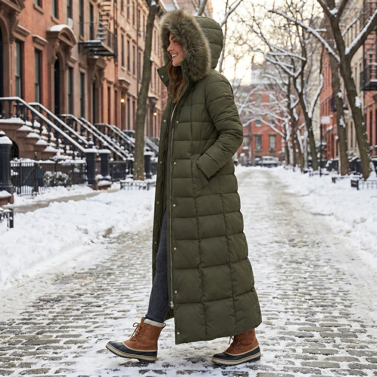 Women's Puffer Coat with Long Quilted Design Faux Fur Hood and Belt - Image 8