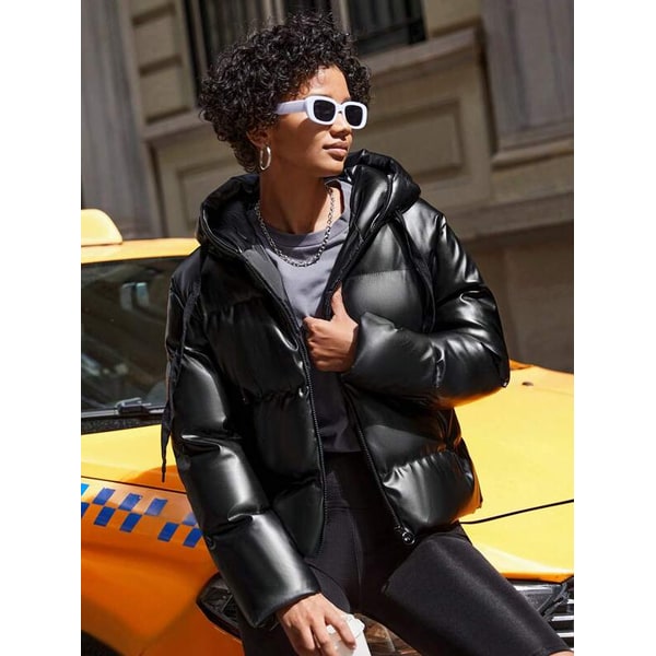 Women's Puffer Jacket Packable Hooded Oversized with Faux Leather - Image 1