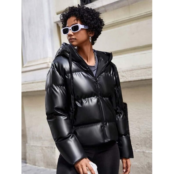 Women's Puffer Jacket Packable Hooded Oversized with Faux Leather - Image 3