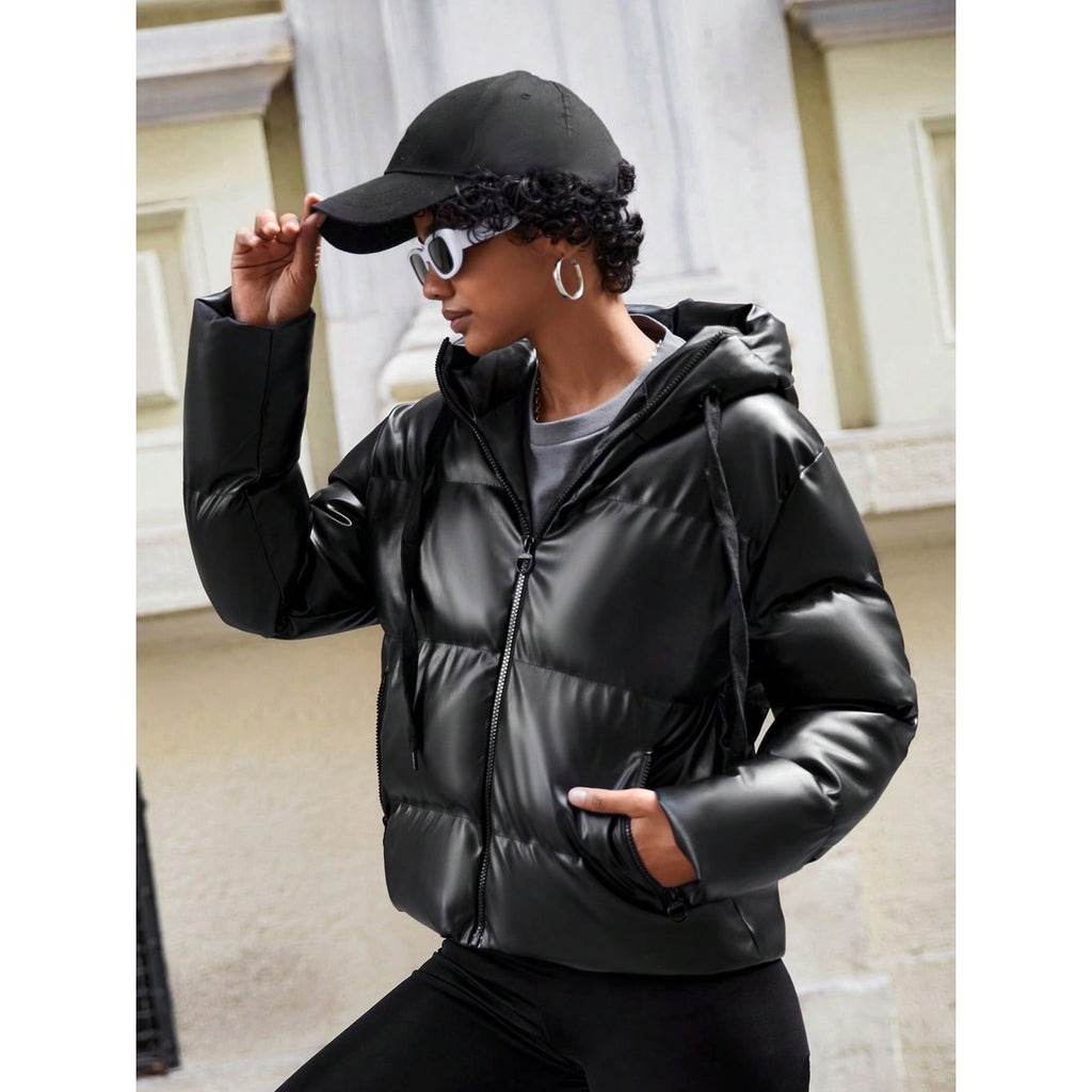 Women's Puffer Jacket Packable Hooded Oversized with Faux Leather - Image 4
