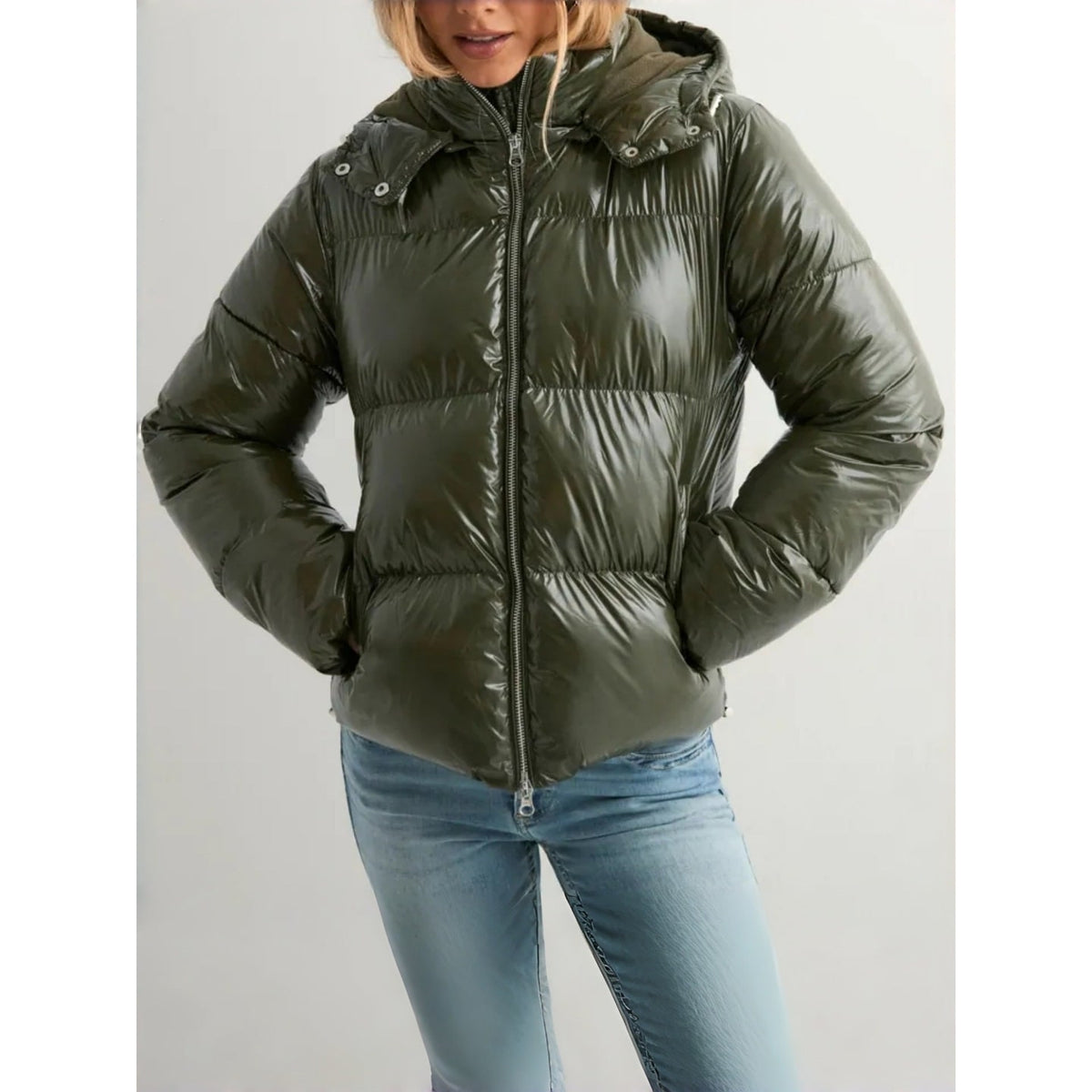 Women's Puffer Jacket Winter Quilted Hooded with Full Zip and Side Pockets - Image 7