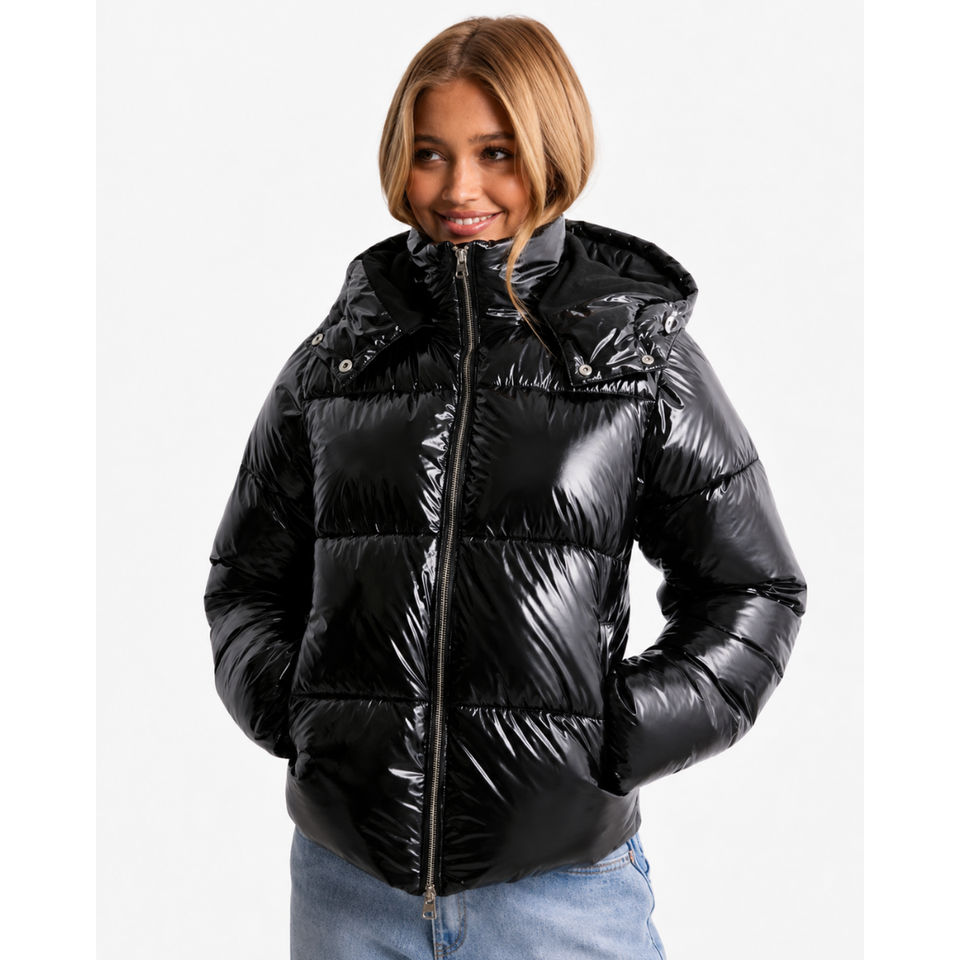 Women's Puffer Jacket with Glossy Finish Detachable Hood and Quilted Insulation - Image 1