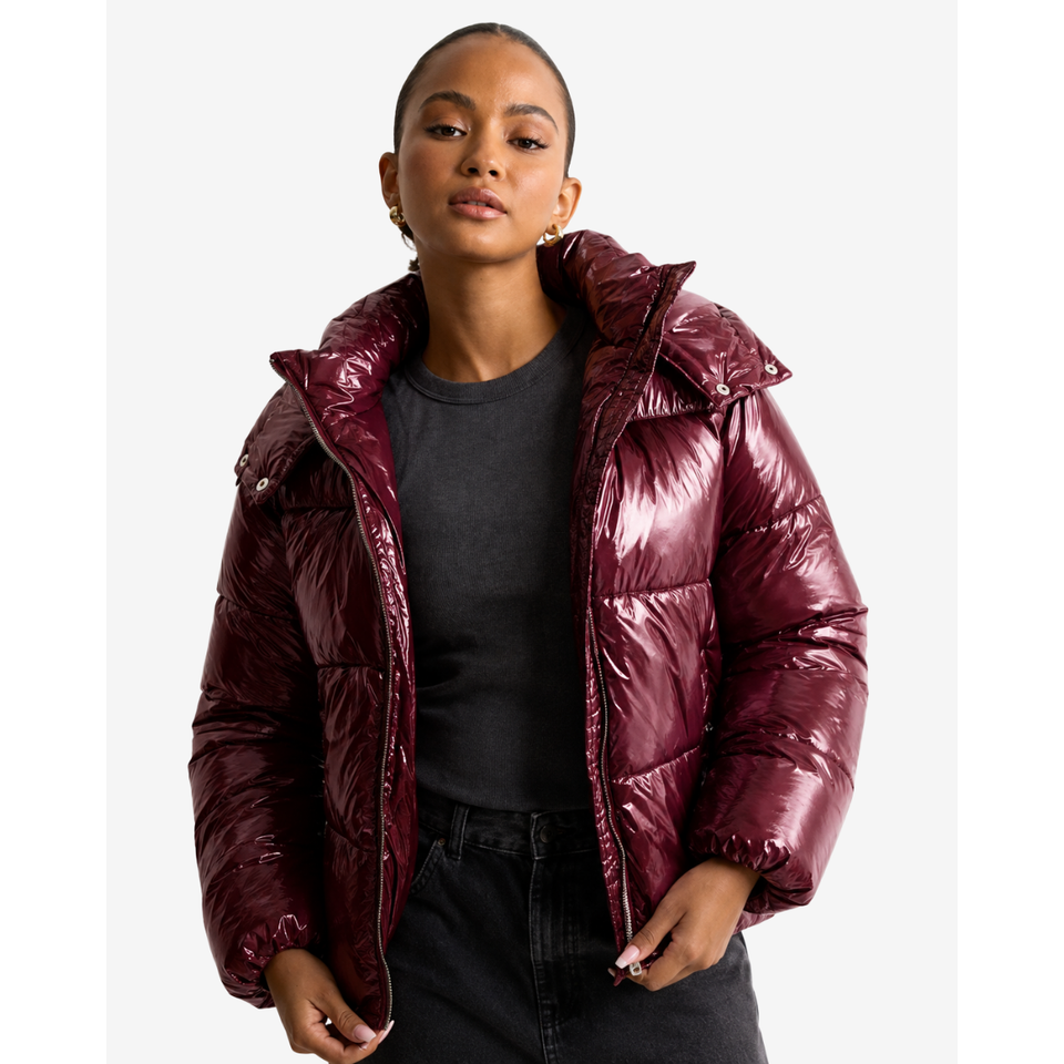 Women's Puffer Jacket with Glossy Finish Detachable Hood and Quilted Insulation - Image 2