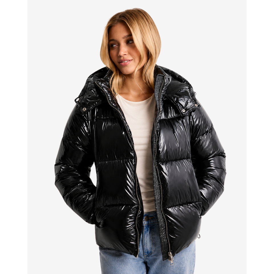 Women's Puffer Jacket with Glossy Finish Detachable Hood and Quilted Insulation - Image 3