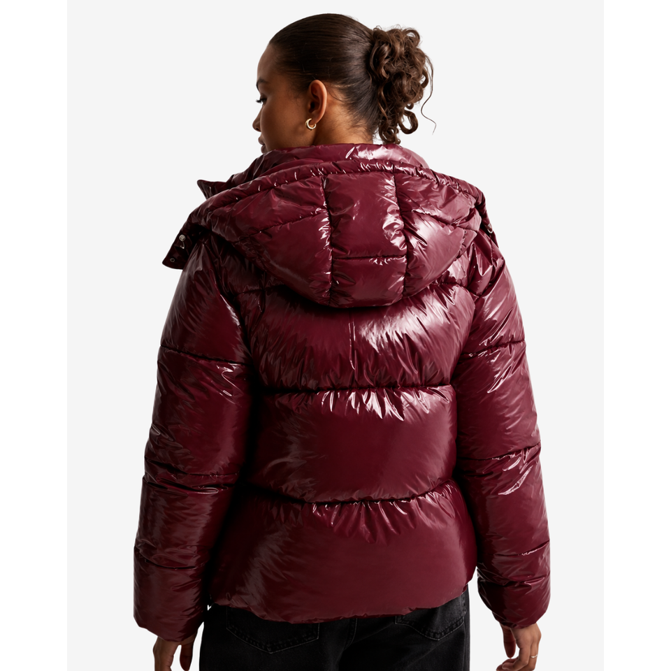Women's Puffer Jacket with Glossy Finish Detachable Hood and Quilted Insulation - Image 4