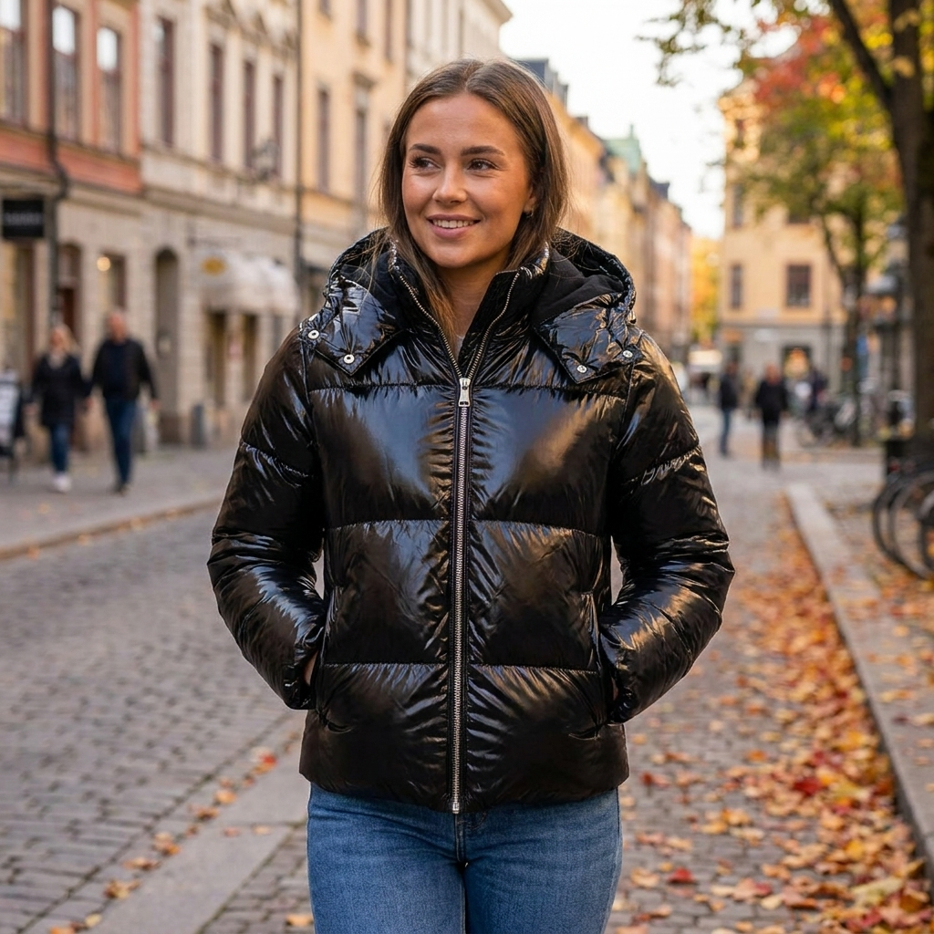 Women's Puffer Jacket with Glossy Finish Detachable Hood and Quilted Insulation - Image 6