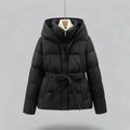 Women's Puffer Jacket with Quilted Leather Bomber Silhouette and Tie Waist Hood - Image 1