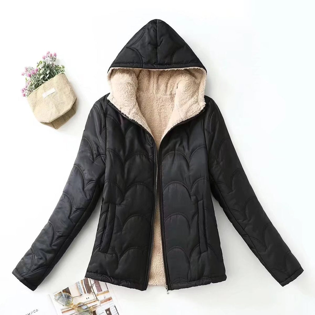 Women's Quilted Fleece Jacket with Hood and Sherpa Lining - Image 1