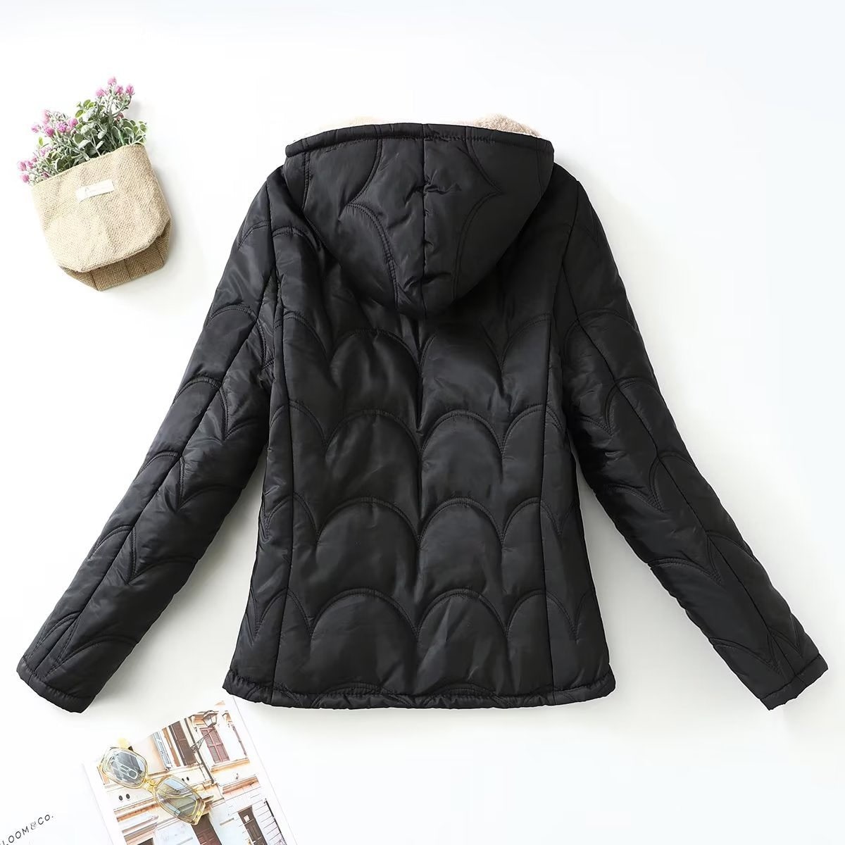 Women's Quilted Fleece Jacket with Hood and Sherpa Lining - Image 2