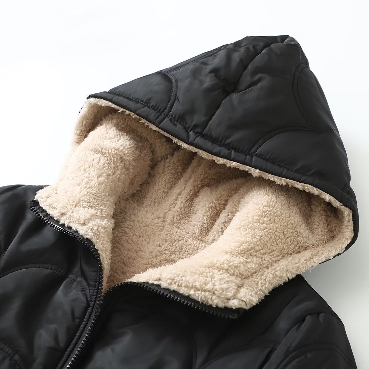 Women's Quilted Fleece Jacket with Hood and Sherpa Lining - Image 3