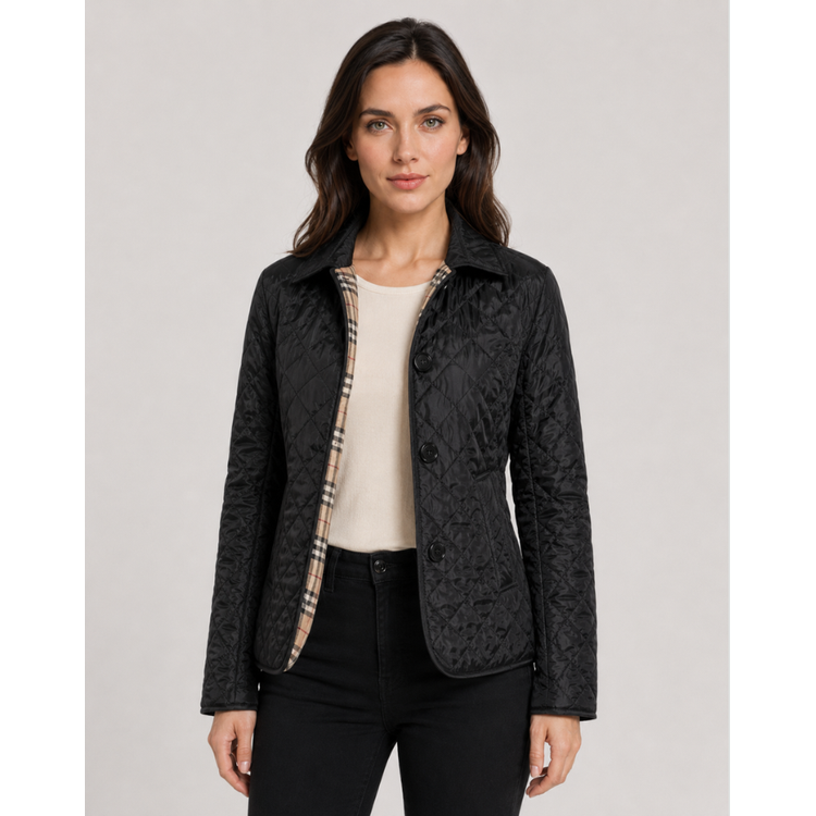 Women's Quilted Jacket with Button Front and Plaid Lining - Image 2