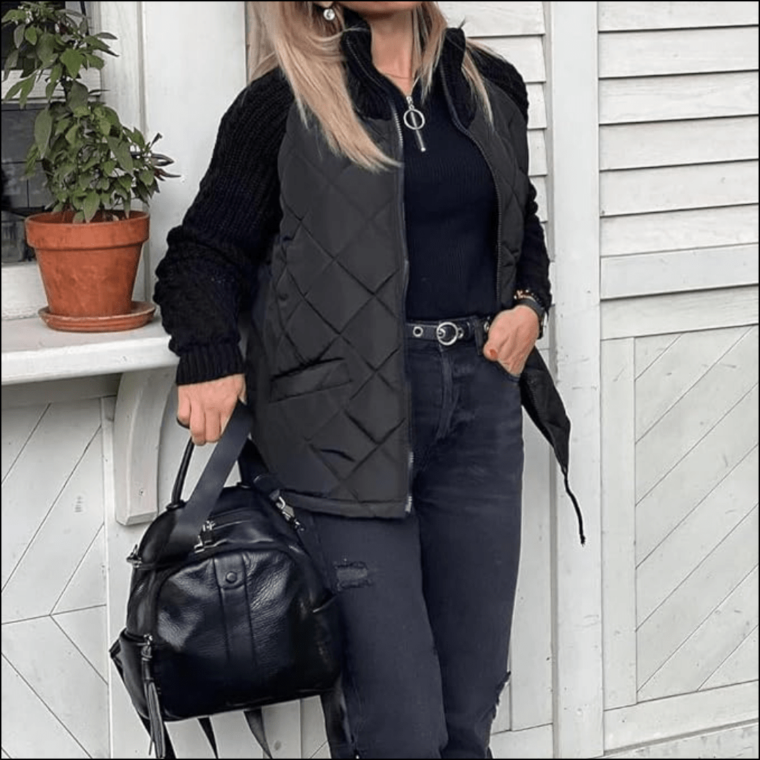 Women's Quilted Jacket with Diamond Body and Cable Knit Sleeves - Image 7