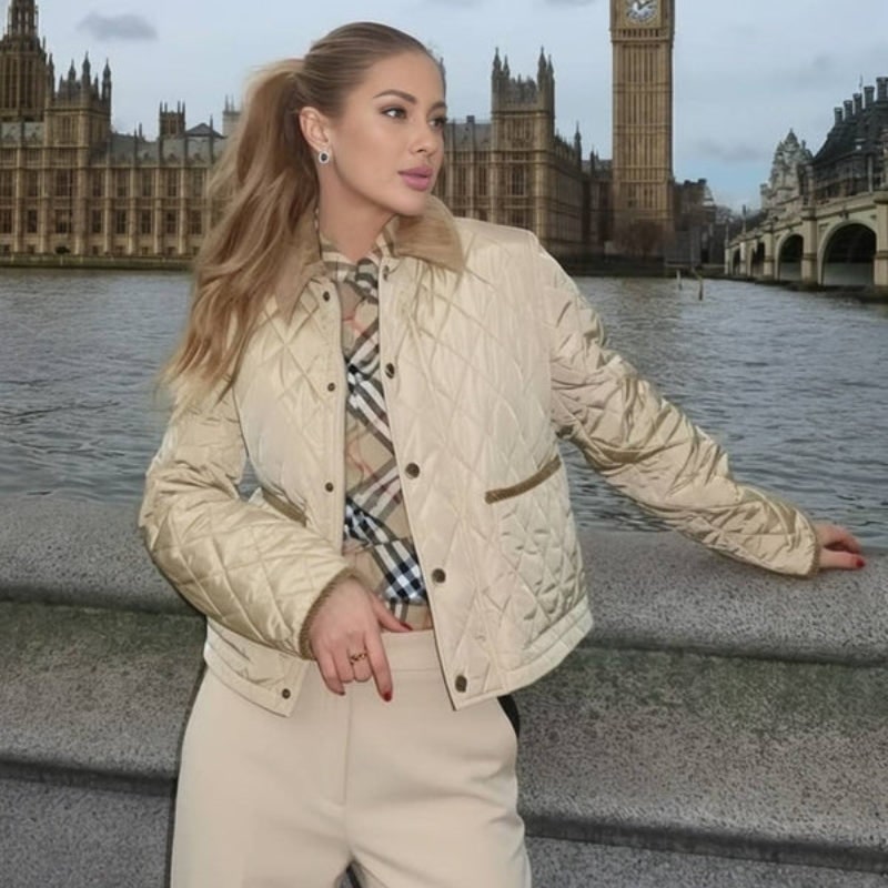 Women's Quilted Jacket with Diamond Pattern and Corduroy Collar - Image 4