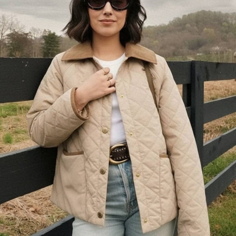 Women's Quilted Jacket with Diamond Pattern and Corduroy Collar - Image 6