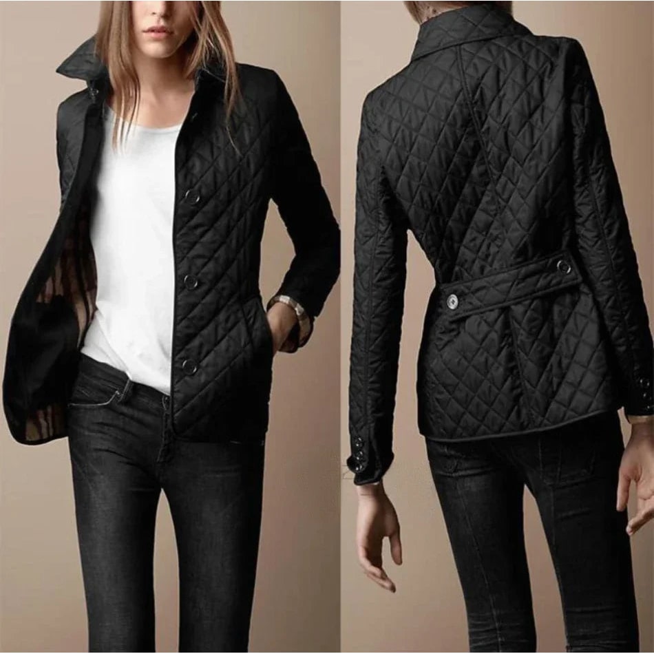 Women's Quilted Jacket with Diamond Quilting and Plaid Lining Button-Down - Image 5