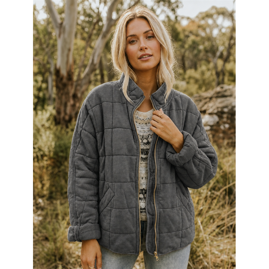 Women's Quilted Jacket with Patterned Grid Quilting Stand Collar - Image 1