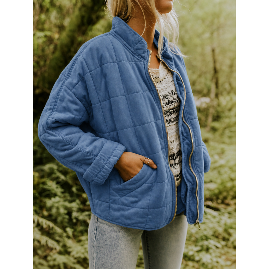 Women's Quilted Jacket with Patterned Grid Quilting Stand Collar - Image 5