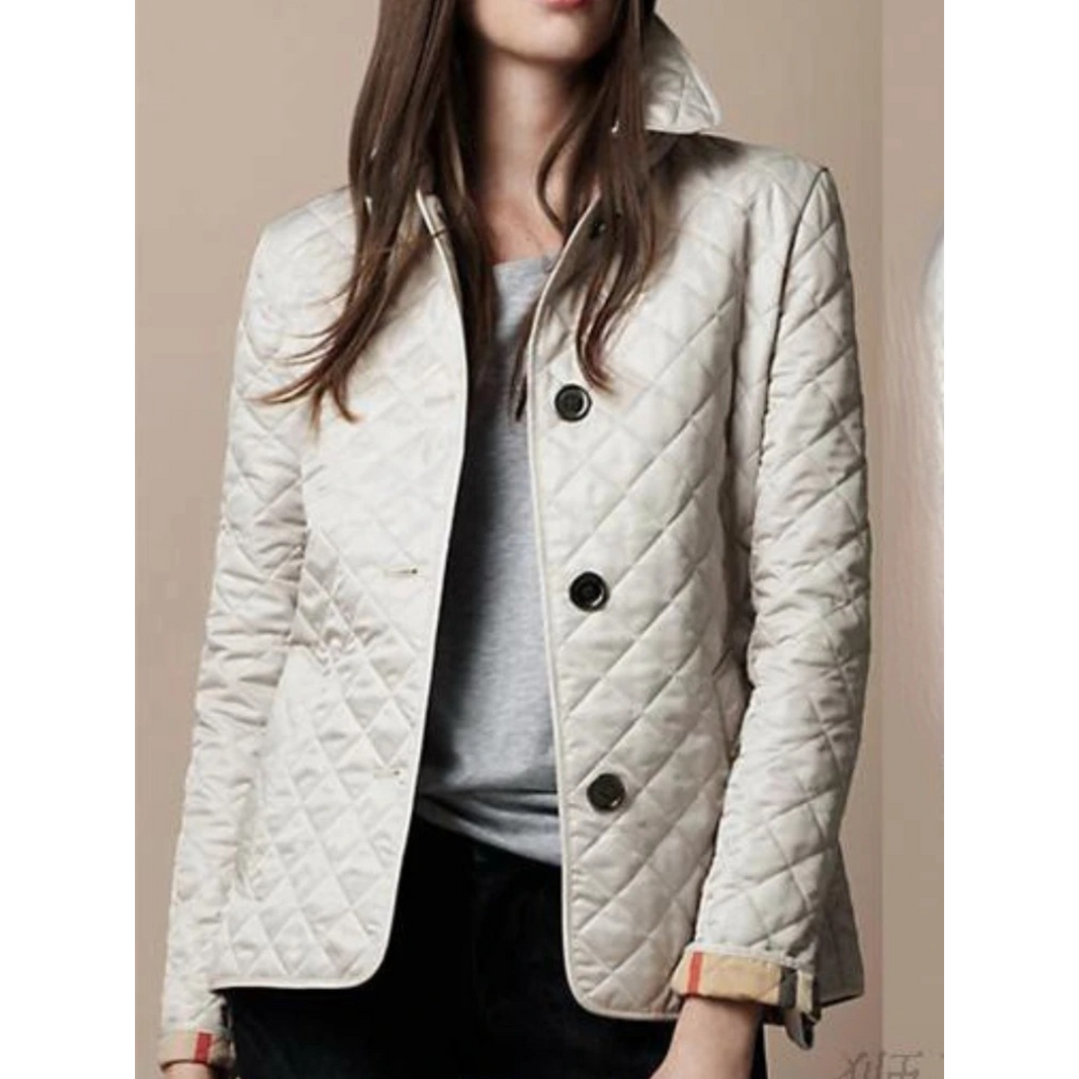 Women's Quilted Jacket with Turned-Down Collar and Plaid Lining - Image 3