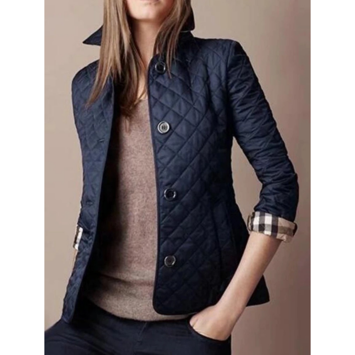 Women's Quilted Jacket with Turned-Down Collar and Plaid Lining - Image 7