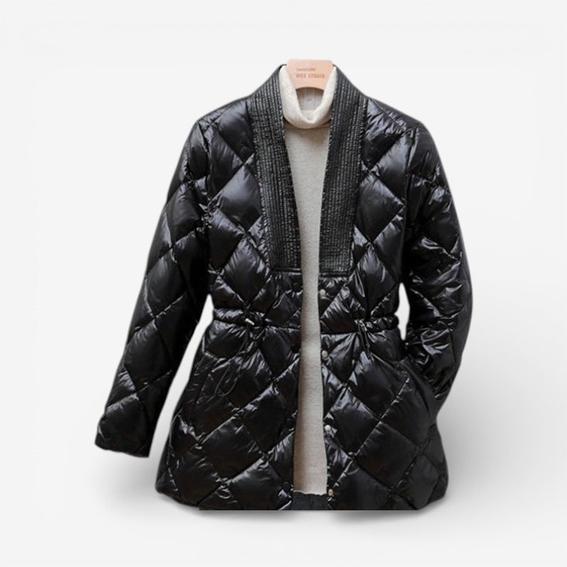 Women's Quilted Jacket with V-Neck Button Closure and Drawstring Waist - Image 2