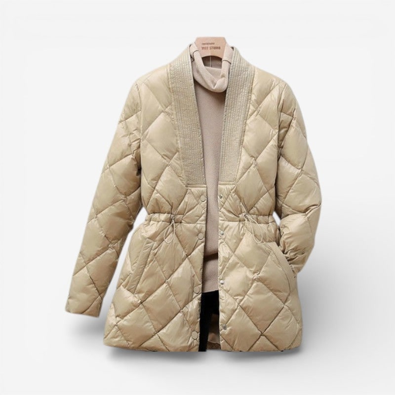 Women's Quilted Jacket with V-Neck Button Closure and Drawstring Waist - Image 3
