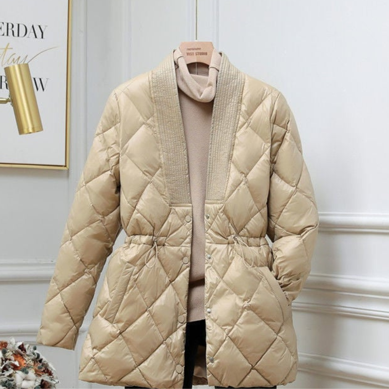 Women's Quilted Jacket with V-Neck Button Closure and Drawstring Waist - Image 4