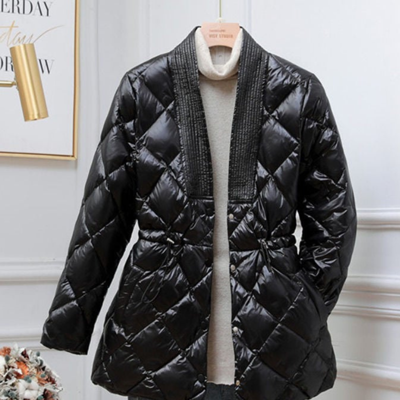Women's Quilted Jacket with V-Neck Button Closure and Drawstring Waist - Image 5