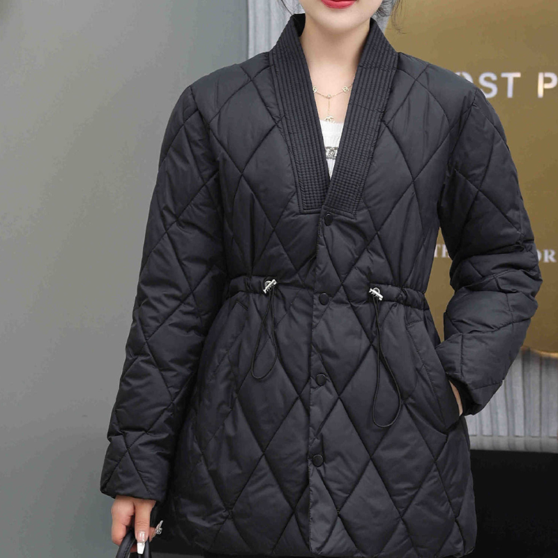 Women's Quilted Jacket with V-Neck Button Closure and Drawstring Waist - Image 6
