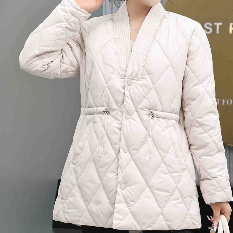 Women's Quilted Jacket with V-Neck Button Closure and Drawstring Waist - Image 7
