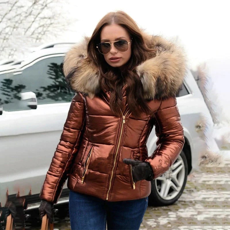 Women's Quilted Puffer Jacket with Faux Fur Hood and Metallic Finish - Image 2