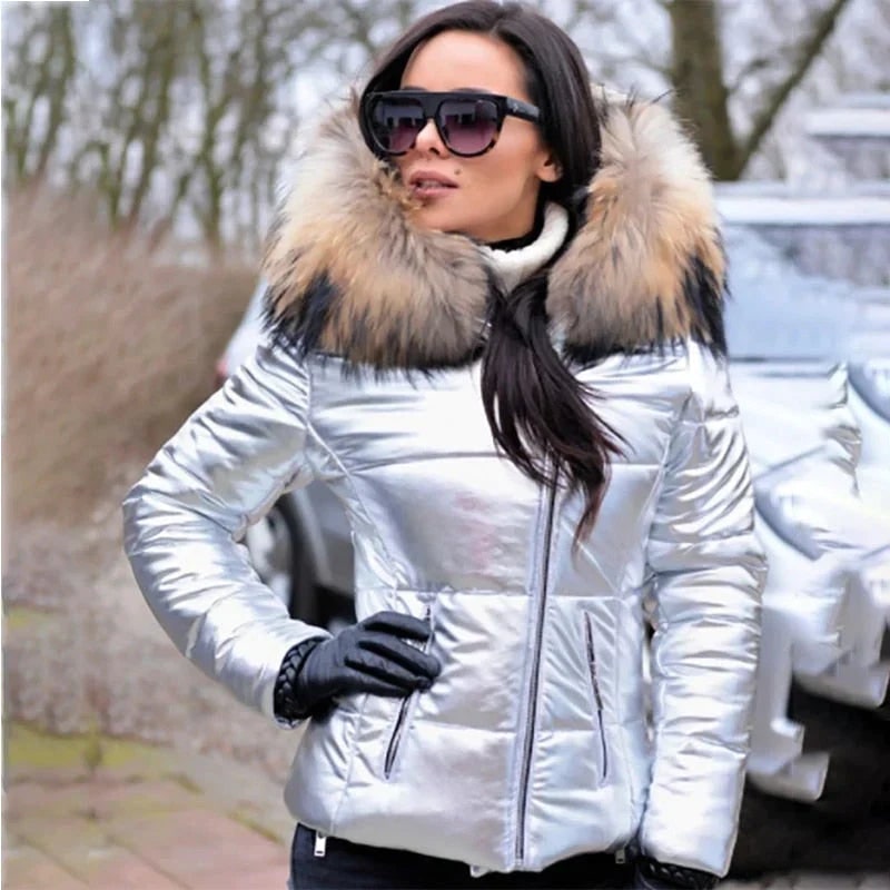 Women's Quilted Puffer Jacket with Faux Fur Hood and Metallic Finish - Image 3