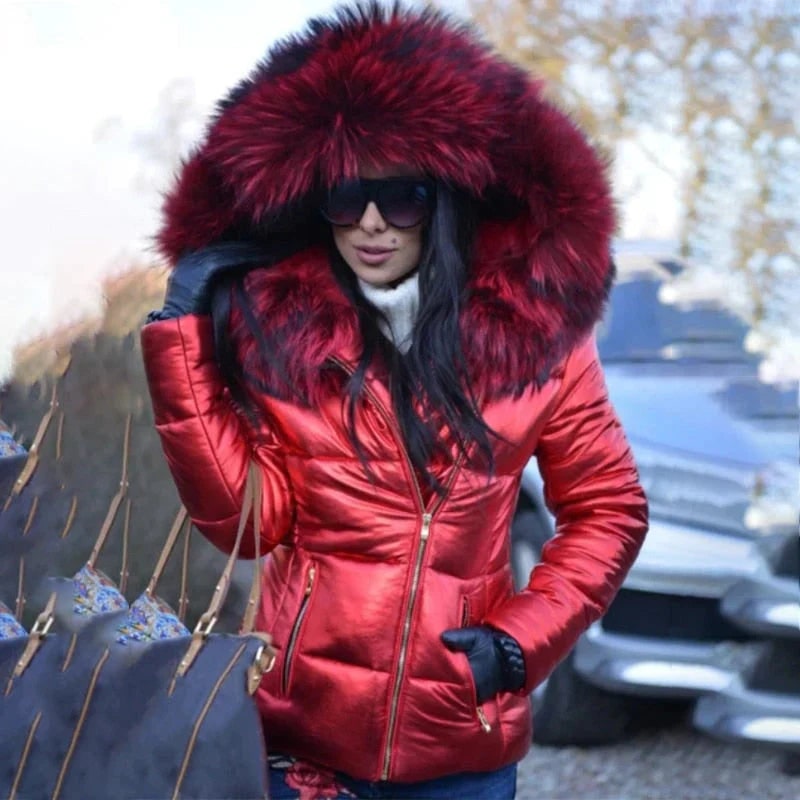 Women's Quilted Puffer Jacket with Faux Fur Hood and Metallic Finish - Image 4