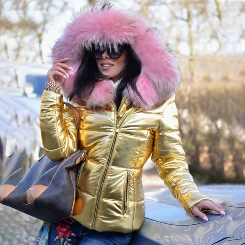 Women's Quilted Puffer Jacket with Faux Fur Hood and Metallic Finish - Image 5