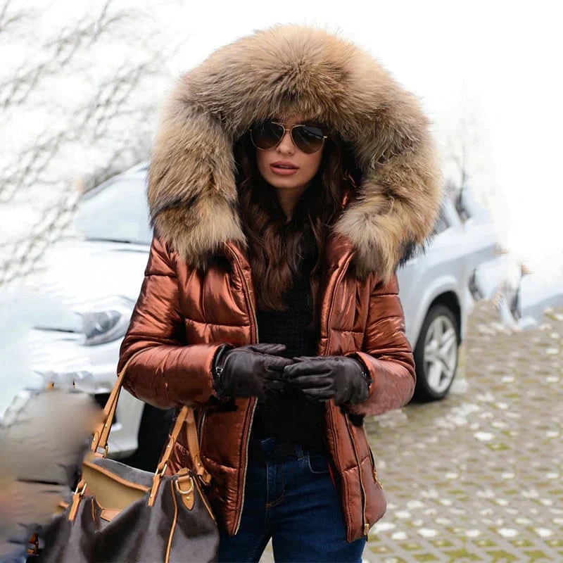 Women's Quilted Puffer Jacket with Faux Fur Hood and Metallic Finish - Image 6