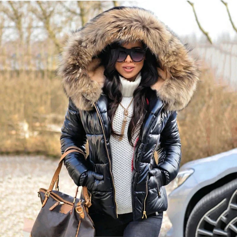 Women's Quilted Puffer Jacket with Faux Fur Hood and Metallic Finish - Image 8
