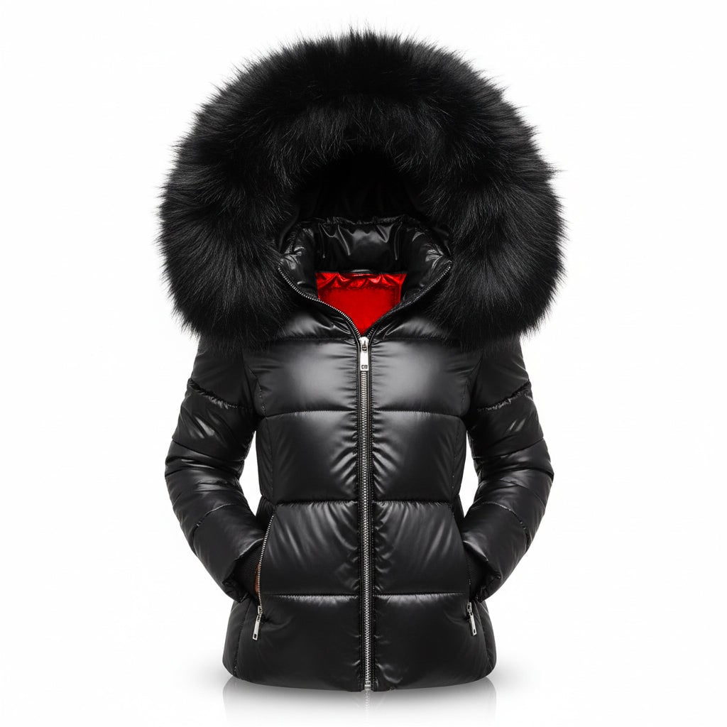 Women's Quilted Puffer Jacket with Faux Fur Hood and Zip Pockets - Image 1