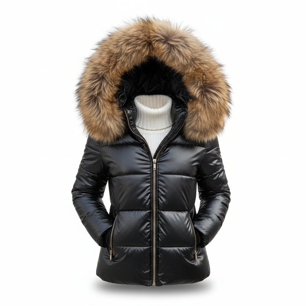 Women's Quilted Puffer Jacket with Faux Fur Hood and Zip Pockets - Image 2