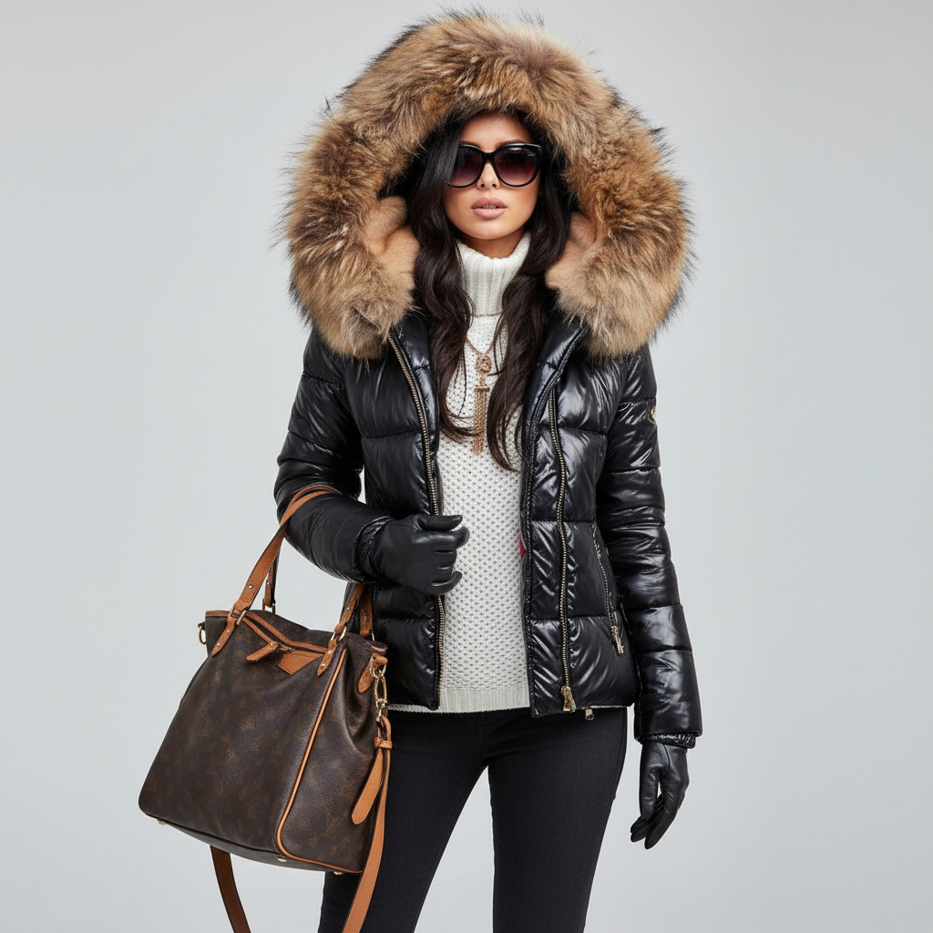 Women's Quilted Puffer Jacket with Faux Fur Hood and Zip Pockets - Image 4