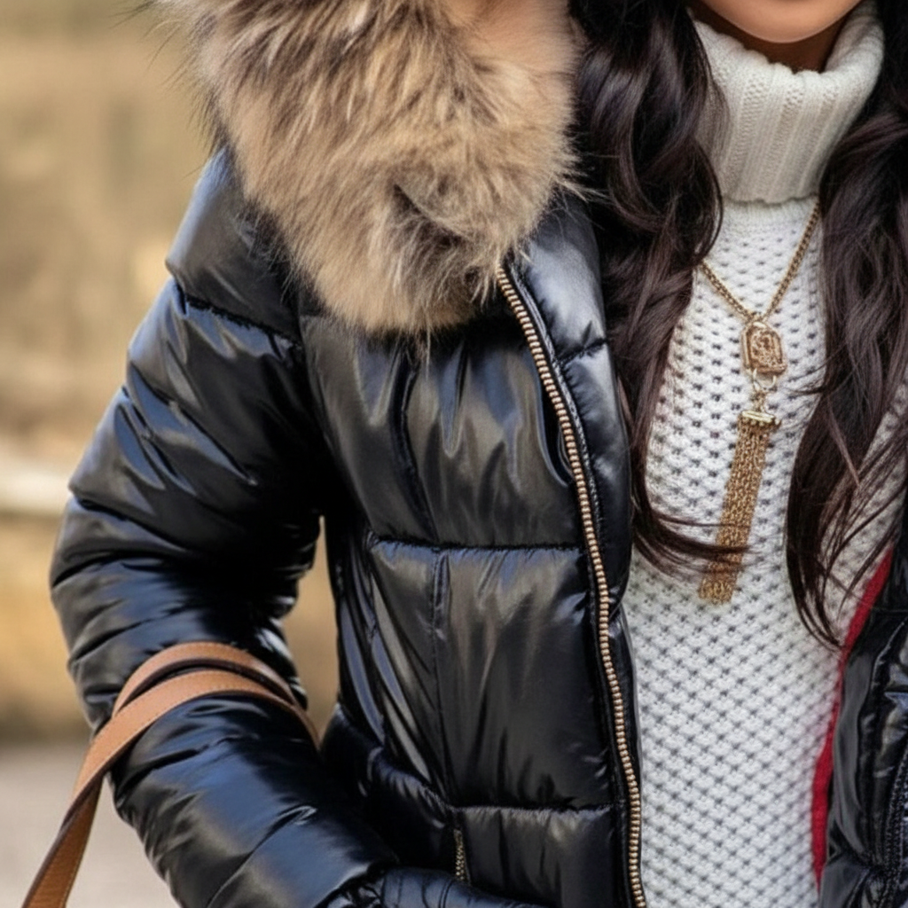 Women's Quilted Puffer Jacket with Faux Fur Hood and Zip Pockets - Image 5