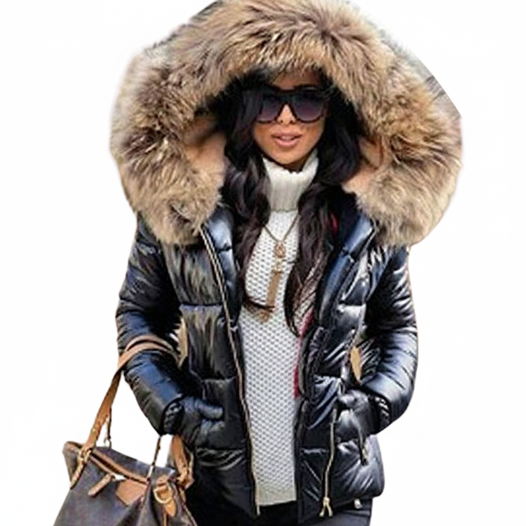 Women's Quilted Puffer Jacket with Faux Fur Hood and Zip Pockets - Image 6