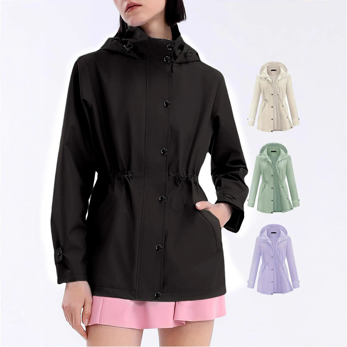 Women's Rain Jacket Windbreaker with Adjustable Hood and Drawstring Waist - Image 1