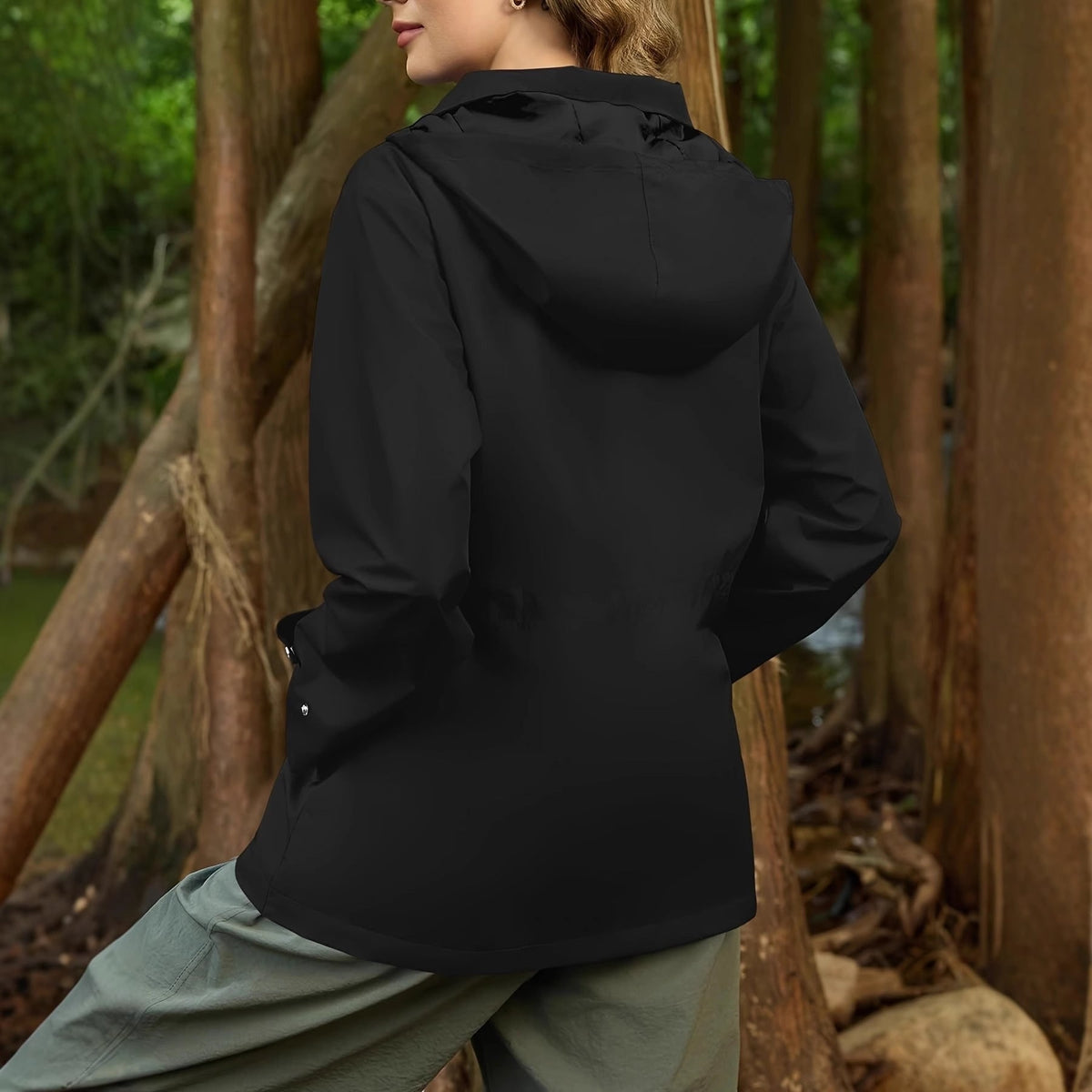 Women's Rain Jacket Windbreaker with Adjustable Hood and Drawstring Waist - Image 2