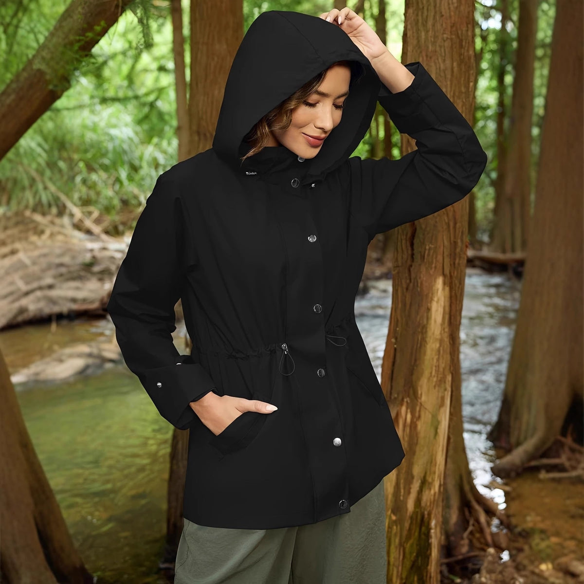Women's Rain Jacket Windbreaker with Adjustable Hood and Drawstring Waist - Image 3