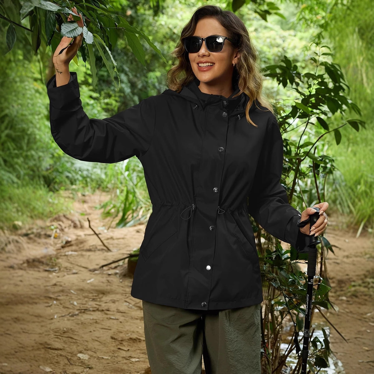 Women's Rain Jacket Windbreaker with Adjustable Hood and Drawstring Waist - Image 4