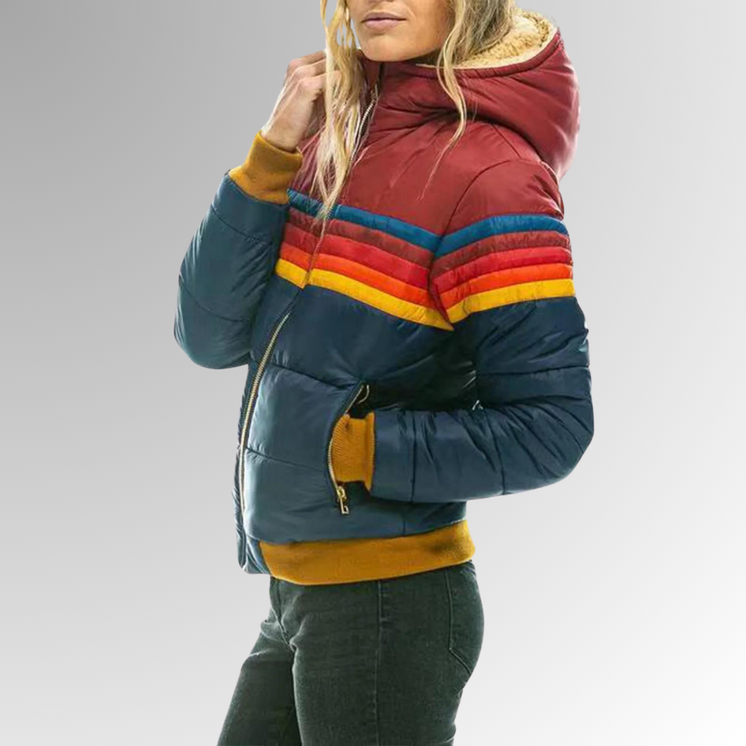 Women's Rainbow Stripe Quilted Puffer Winter Jacket with Zip Closure - Image 5