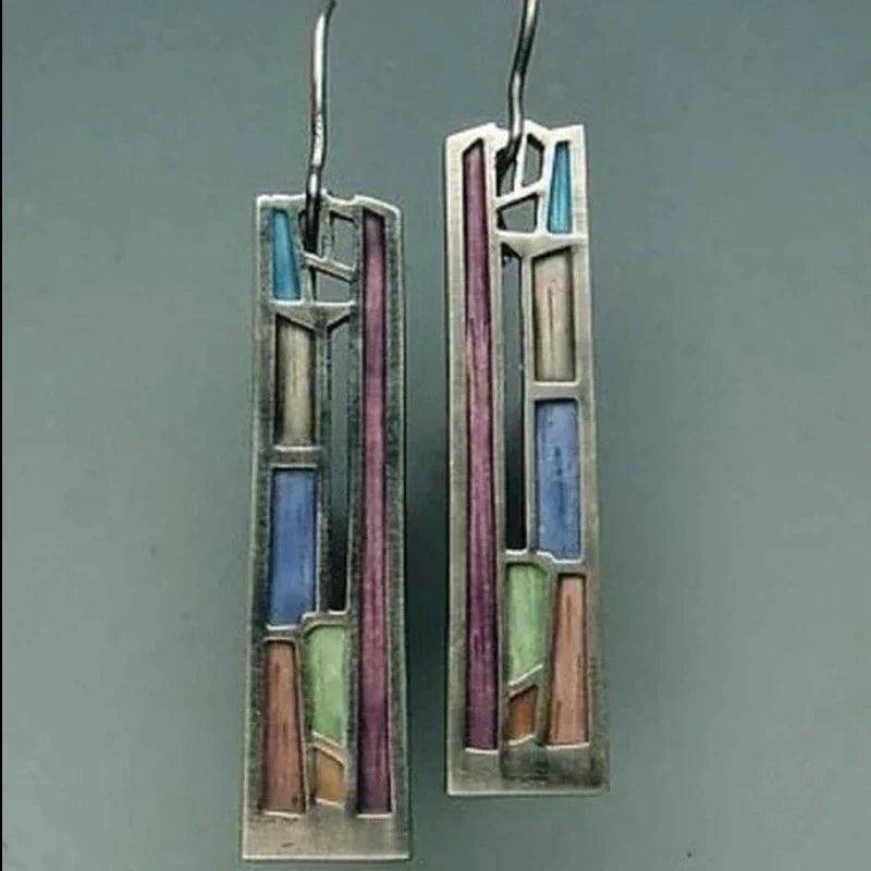 Women's Rectangular Enamel Silver Dangle Earrings Geometric Vintage Drop Fishhook - Image 1