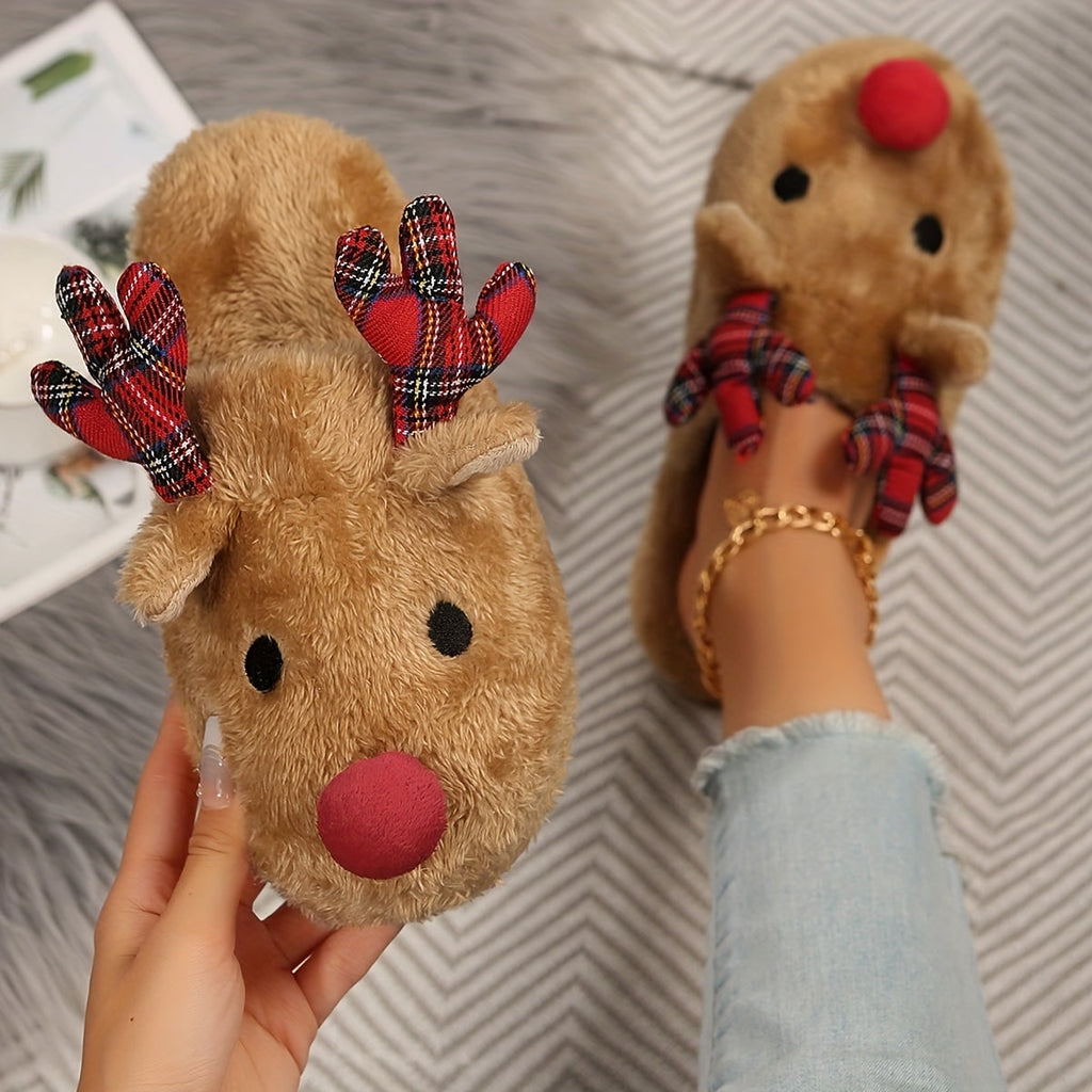 Women's Reindeer Faux Fur Slip-On House Slippers with Plaid Antlers - Image 1