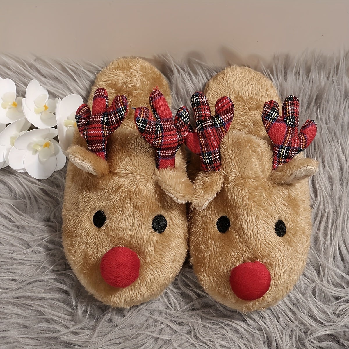 Women's Reindeer Faux Fur Slip-On House Slippers with Plaid Antlers - Image 2