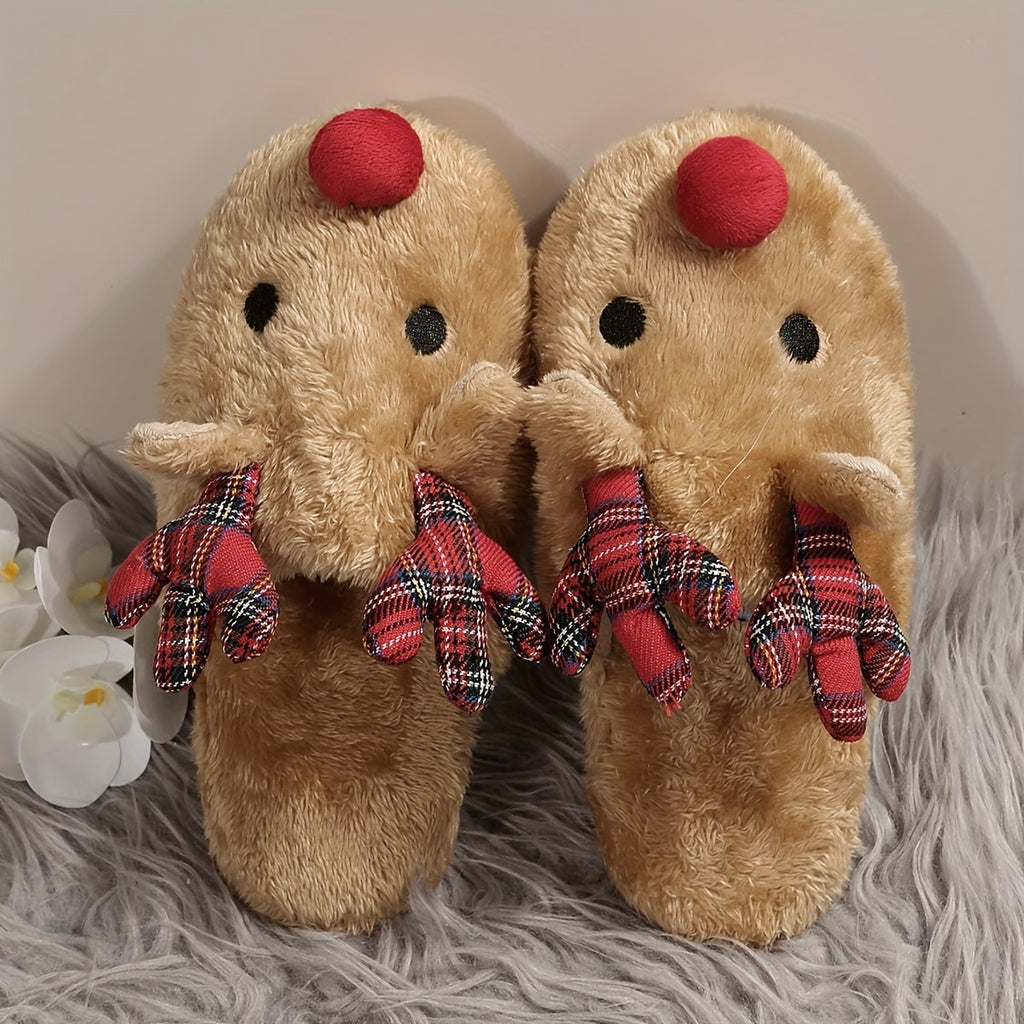 Women's Reindeer Faux Fur Slip-On House Slippers with Plaid Antlers - Image 3