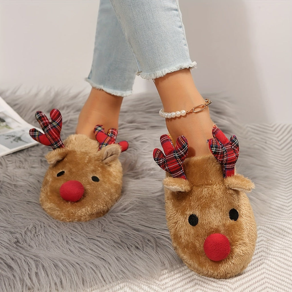 Women's Reindeer Faux Fur Slip-On House Slippers with Plaid Antlers - Image 4